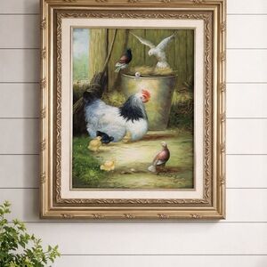 Framed Farmyard Hen & Chicks Art Print - Artist signed 23"x 18.5" overall